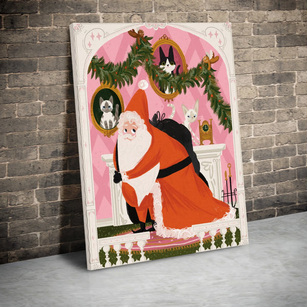 Christmas Fireplace Cat Canvas, Santa and Cats Canvas Wall Art, Whimsical Holiday Cat Print, Festive Winter Canvas Decor, Cat
