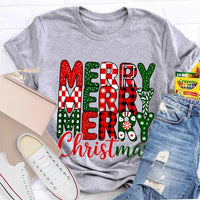 Festive Holiday Graphic T-Shirt, Merry Christmas Plaid Snowflakes Shirt, Buffalo Plaid Christmas Tee, Winter Season Womens Apparel