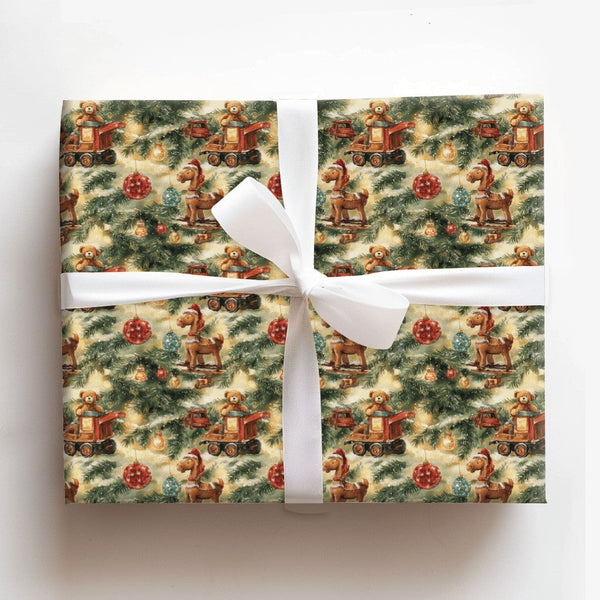 Teddy Bear Rocking Horse Gift Wrap, Vintage Toy Christmas Wrapping Paper, Nostalgic Xmas Wrapping Paper Roll, Retro Holiday G