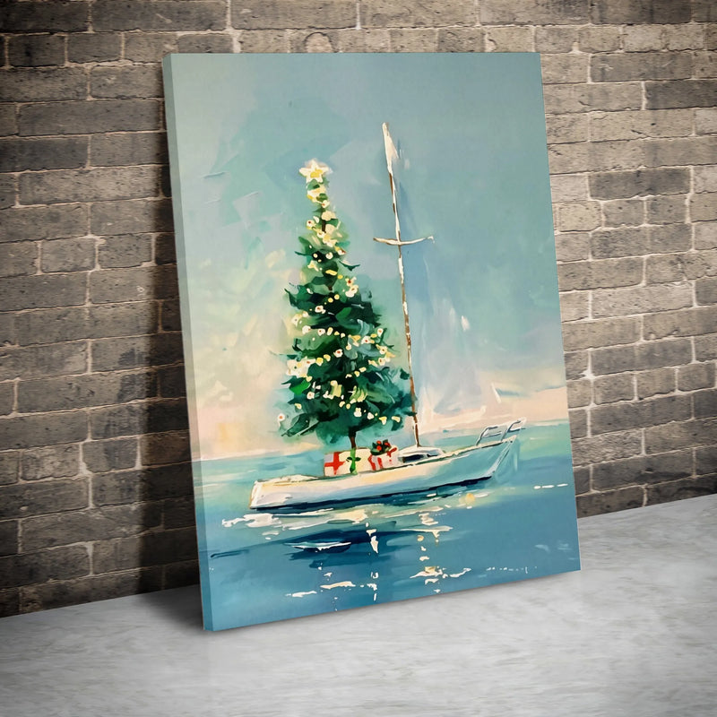 Coastal Christmas Canvas Print, Christmas Tree on Sailboat Canvas Art, Nautical Holiday Wall Decor, Sailor Boat Canvas, Coastal Xmas Present