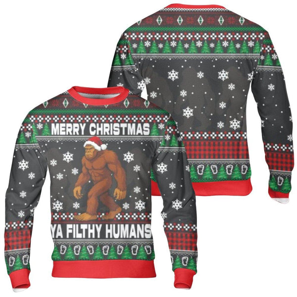 Bigfoot Ugly Christmas Sweater, Merry Christmas Ya Filthy Humans Sweatshirt, Humorous Sasquatch Holiday Crewneck, Retro Winte