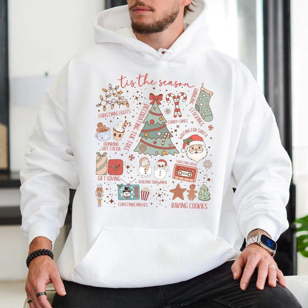 Festive Holiday Icons Hooded Sweatshirt, Tis the Season Christmas Hoodie, Retro Xmas Graphic Hoodie, Adorable Winter Pullover