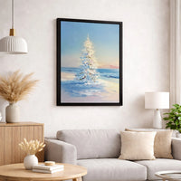 Snowy Beach Impressionist Wall Decor, Coastal Christmas Tree Canvas Art, Holiday Ocean Landscape Print, Digital Download Xmas Present