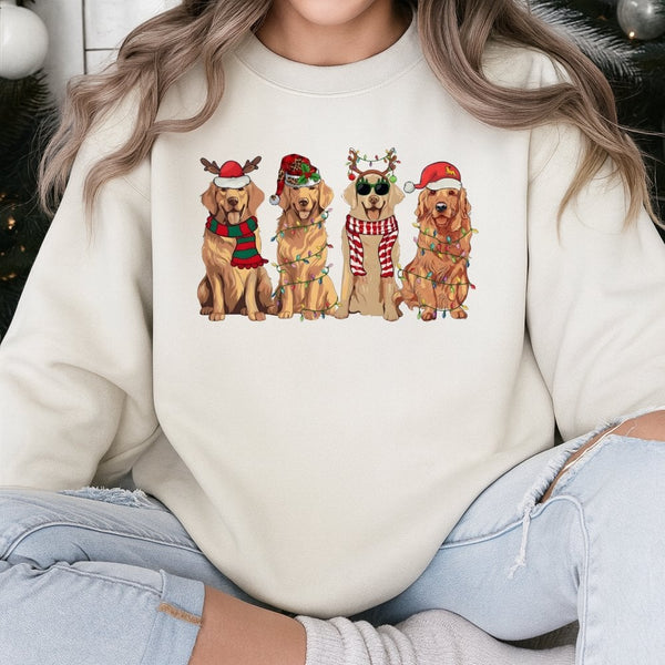 Festive Dog Santa Hat Sweater, Golden Retriever Christmas Sweatshirt, Dog Holiday Crewneck, Retro Dog Lover Christmas Sweatsh