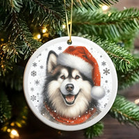 Santa Hat Malamute Dog Ornament, Alaskan Malamute Christmas Ornament, Ceramic Pet Holiday Ornament, Winter Dog Lover Keepsake Present