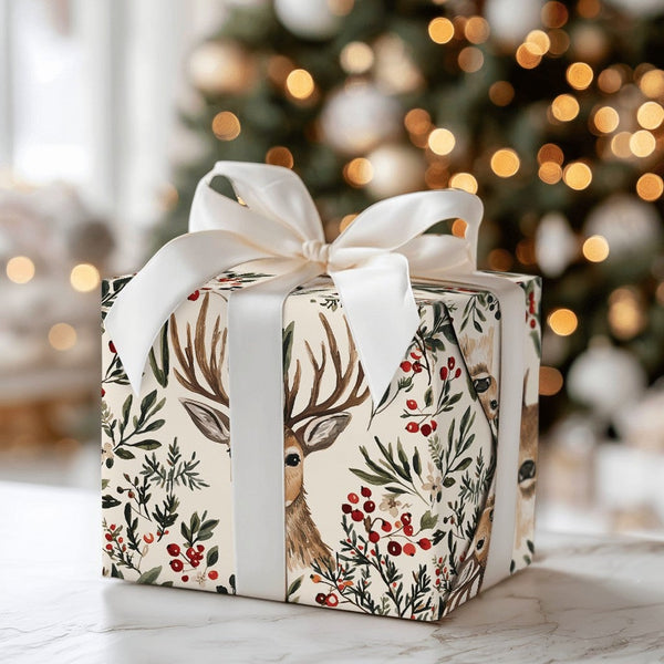Woodland Stag Christmas Gift Wrap, Watercolor Deer Wrapping Paper, Rustic Holly Berry Wrapping Paper, Winter Forest Holiday G