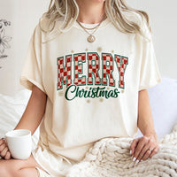 Retro Checkered Varsity Font Graphic Tee, Merry Christmas T-Shirt, Holiday Season Party Shirt, Festive Xmas Vibes Graphic Top