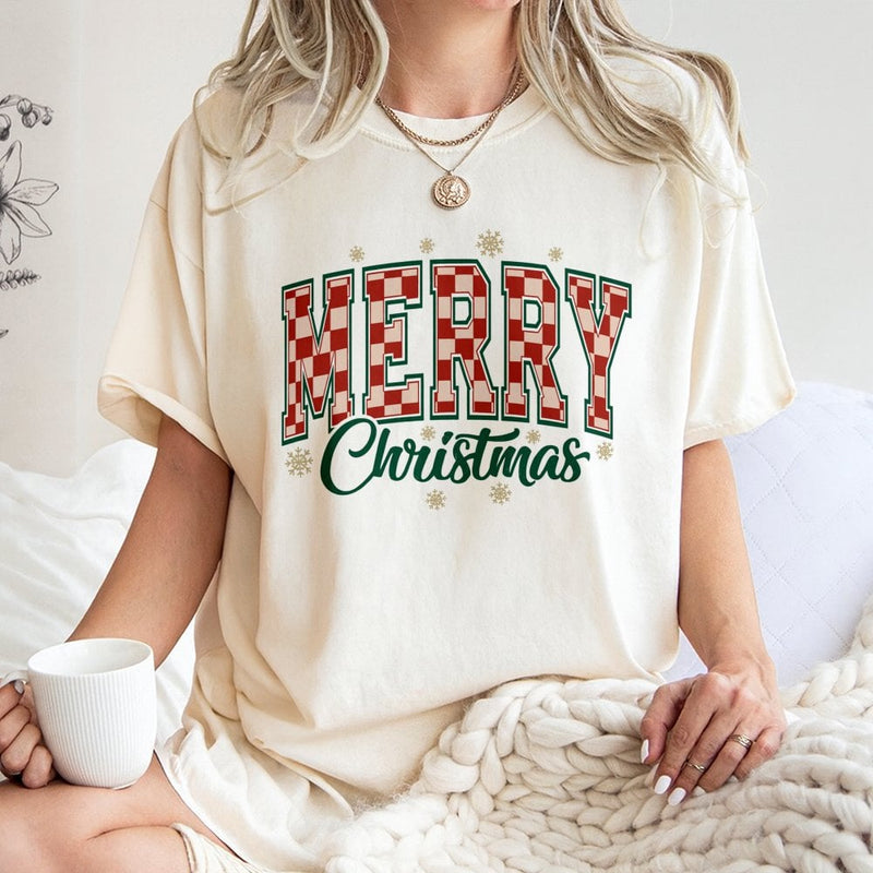 Retro Checkered Varsity Font Graphic Tee, Merry Christmas T-Shirt, Holiday Season Party Shirt, Festive Xmas Vibes Graphic Top