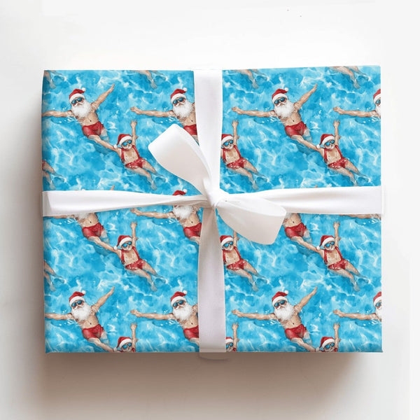 Tropical Vacation Santa Gift Wrap, Swimming Santa Wrapping Paper, Summer Beach Christmas Wrapping Paper, Humorous Holiday Pre