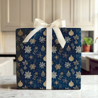 Floral Christmas Gift Wrap, Navy Blue Gold Poinsettia Wrapping Paper, 90 GSM Fine Art Paper, Luxury Holiday Present Wrapping Roll