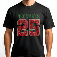 Retro Glitter Number Holiday Graphic Tee, December 25 Christmas T-Shirt, Adorable Festive Xmas Party Shirt, Womens Christmas Holiday Graphic Tee