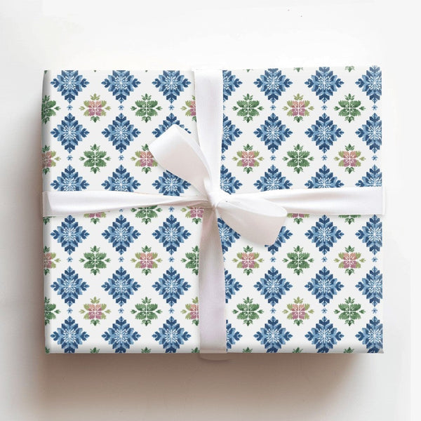 Nordic Folk Art Gift Wrap, Scandinavian Snowflake Wrapping Paper, Winter Holiday Wrapping Paper, Blue Christmas Gift Wrap Pap