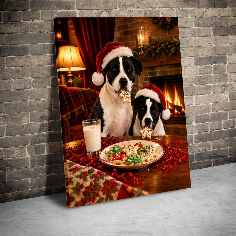 Santa Hat Dogs Canvas Art, Christmas Dogs Cookies Canvas, Comfy Fireplace Holiday Dog Wall Art, Humorous Puppy Cookie Canvas Print