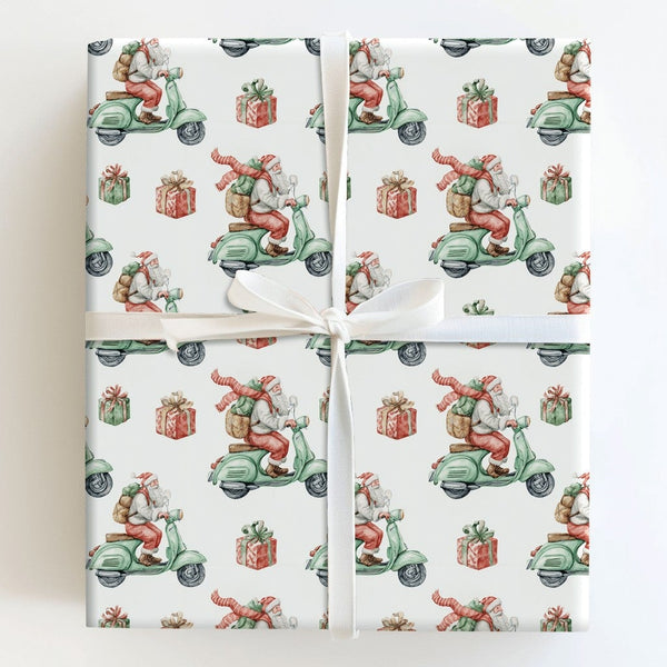 Watercolor Santa Claus Gift Wrap, Santa on Scooter Wrapping Paper, Whimsical Christmas Wrapping Paper, Adorable Holiday Wrapp