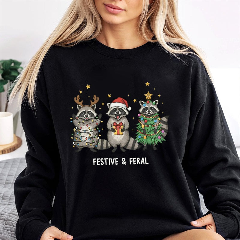 Humorous Trash Panda Christmas Sweater, Festive and Feral Raccoon Sweatshirt, Holiday Raccoon Crewneck Pullover, Animal Lover Xmas Sweatshirt