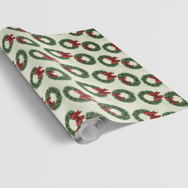 Classic Christmas Wreath Gift Wrap, Holiday Laurel Wreath Wrapping Paper, Crimson Bow Pine Gift Wrapping Paper, Festive Holid