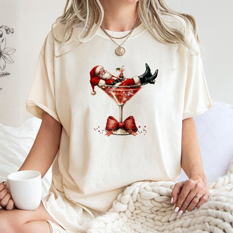 Festive Holiday Cocktail Shirt, Christmas Santa Martini T-Shirt, Adorable Santa Drink Graphic Tee, Christmas Party Drinking Shirt, Present for Her