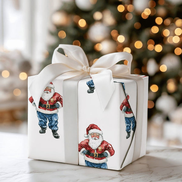JB Buckle Christmas Gift Wrap, Watercolor Santa in Jeans Wrapping Paper, Humorous Blue Jeans Santa Holiday Wrapping Paper, Xm