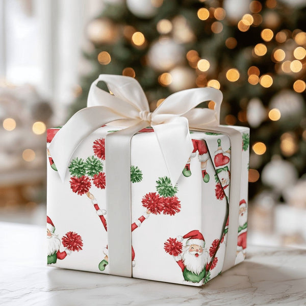 Humorous Holiday Cheer Gift Wrap, Cheerleading Santa Wrapping Paper, Pom Pom Santa Claus Wrapping Paper, Adorable Christmas P