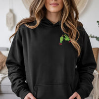 Humorous Stoner Christmas Graphic Hoodie, Green Monster Hands Hoodie, Spooky Holiday Pullover Hoodie, Retro Weed Streetwear Hooded Sweatshirt
