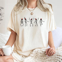 Santa Hat Holiday Graphic Tee, Dancing Skeleton Christmas T-Shirt, Humorous Spooky Xmas Skeleton Shirt, Festive Winter Party Apparel