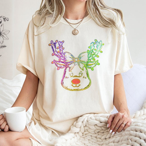 Coquette Bow Holiday T-Shirt, Neon Reindeer Christmas T-Shirt, Retro Adorable Deer Graphic Tee, Festive Girly Winter Top, Xma