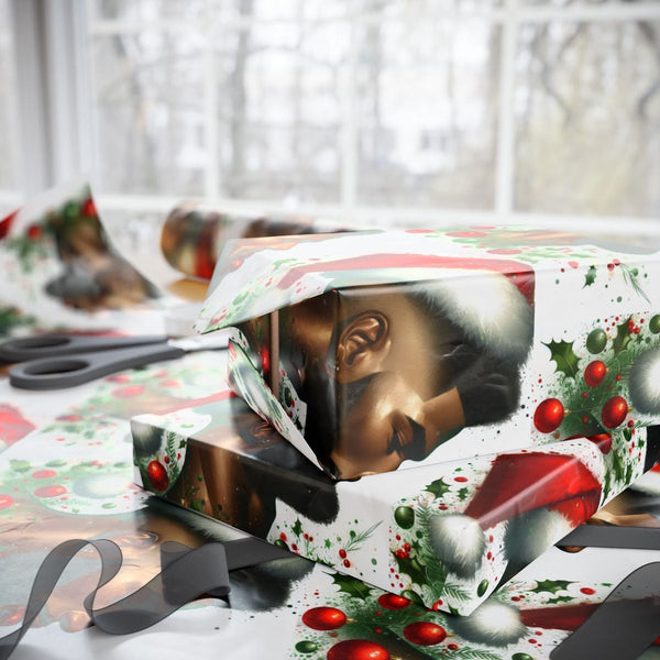 Christmas Holly Gift Wrap, Black Santa Wrapping Paper, Vintage African American Santa Wrapping Paper, Holiday Gift Wrapping P