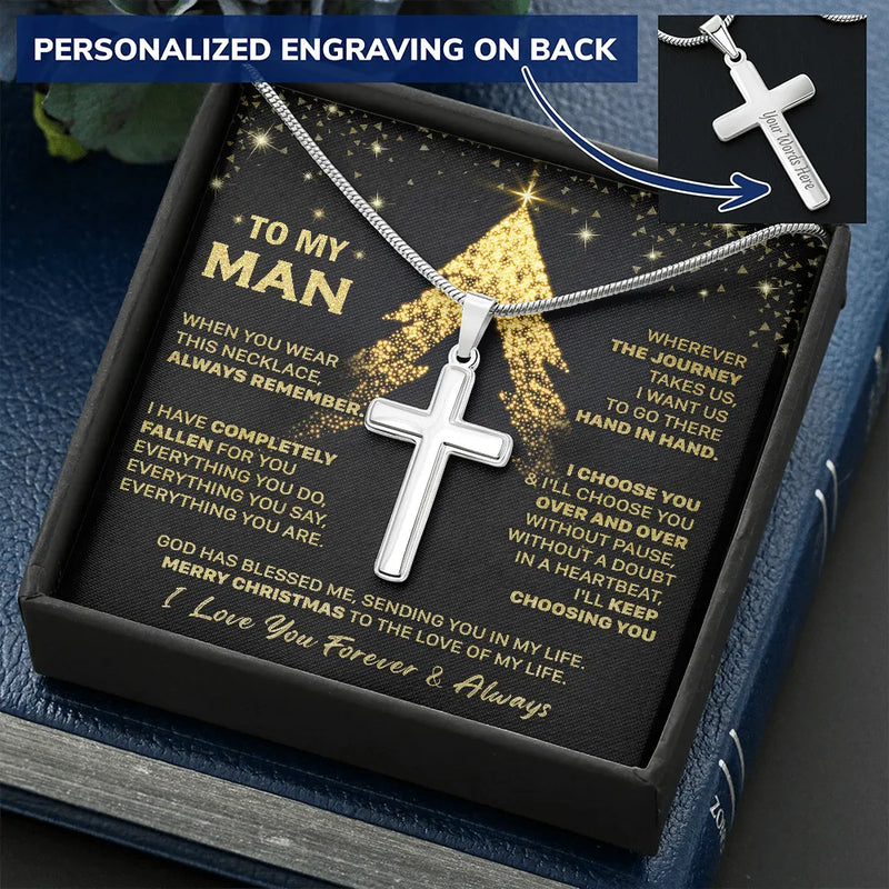 Custom Engraved Cross Pendant, Personalized Cross Necklace for Husband, Mens Stainless Steel Cross Necklace, Faith Jewelry, Christmas Present