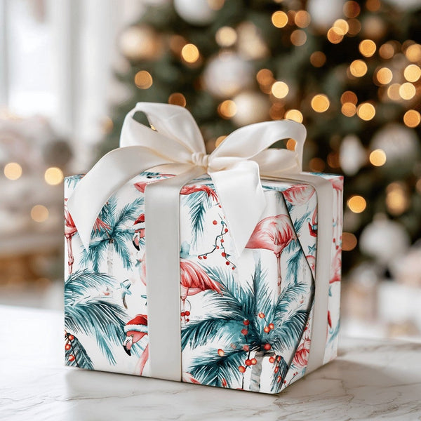 Tropical Palm Tree Gift Wrap, Pink Flamingo Christmas Wrapping Paper, Coastal Holiday Wrapping Paper, Festive Summer Xmas Gif