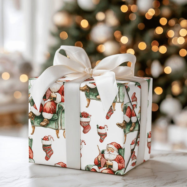 Knitter Santa Claus Armchair Wrapping Paper, Knitting Santa Wrapping Paper, Vintage Christmas Wrapping Paper, Comfy Holiday G