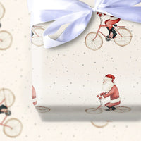 Whimsical Christmas Gift Wrap, Watercolor Santa on Bicycle Wrapping Paper, Retro Holiday Santa Wrapping Paper, Adorable Festive Gift Wrap Roll