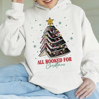 Adorable Book Lover Xmas Tree Hooded Sweatshirt, All Booked for Christmas Hoodie, Comfy Reader Holiday Pullover, Bookish Xmas Present
