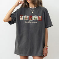 Retro Holiday Patchwork T-Shirt, Tis the Season Christmas Stamp T-Shirt, Vintage Xmas Graphic T-Shirt, Festive Winter Tee, Christmas Present