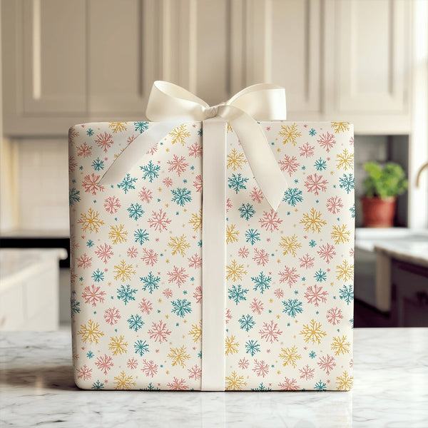 Modern Pastel Holiday Gift Wrap, Colorful Snowflake Wrapping Paper, Pink Teal Yellow Winter Wrapping Paper, Festive Christmas