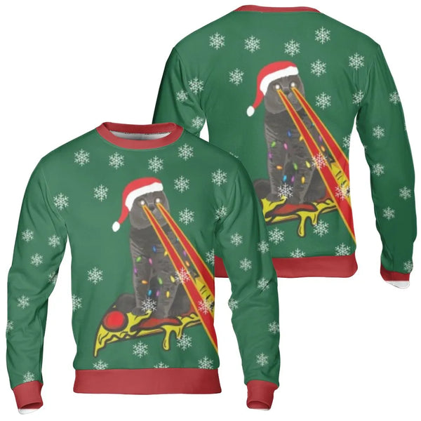 Humorous Cat Holiday Sweater, Laser Cat Pizza Ugly Christmas Sweatshirt, Space Pizza Xmas Crewneck Sweatshirt, Retro Cat Love