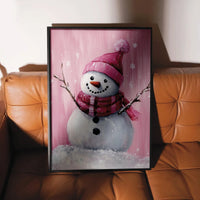 Whimsical Winter Wall Art Print, Pink Snowman Poster, Adorable Holiday Wall Decor, Pastel Christmas Print, Girls Room Seasonal Art Poster