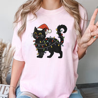 Santa Hat Cat Graphic Tee, Black Cat Christmas T-Shirt, Festive Holiday String Lights Shirt, Adorable Kitty Christmas T-Shirt, Cat Lover Present