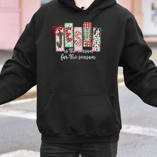 Plaid Bow Christian Christmas Sweatshirt, Jesus Is the Reason for the Season Hoodie, Faith Holiday Pullover, Womens Xmas Hood
