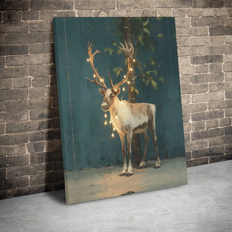 Whimsical Winter Forest Canvas Print, Christmas Reindeer with Fairy Lights Canvas Wall Art, Festive Holiday Wall Decor, Xmas Home Present
