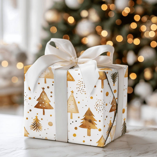 Bronze Watercolor Tree Gift Wrap, Gold Christmas Tree Wrapping Paper, Elegant Holiday Confetti Wrapping Paper, Modern Xmas Wr