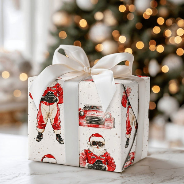 Red Race Car Driver Gift Wrap, Racing Santa Christmas Wrapping Paper, Motorsport Holiday Wrapping Paper, Car Lover Xmas Gift 