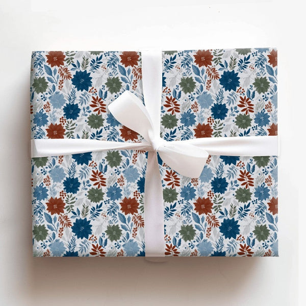 Festive Botanical Holiday Gift Wrap, Winter Poinsettia Christmas Wrapping Paper, Blue Floral Wrapping Paper, Holiday Wrapping