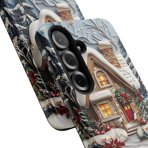 Snowy Holiday Town Samsung Case, Winter Village Phone Case, Dual-Layer Christmas Scene Tough Phone Cover, Comfy Cabin Decor P