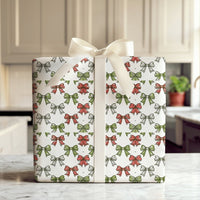 Sketched Holiday Gift Wrap, Christmas Bow Wrapping Paper, Red Green Bow Wrapping Paper, Vintage Xmas Gift Wrap, Festive Present Paper