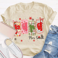 Custom Name Holiday Graphic Tee, Personalized Color Block Christmas T-Shirt, Matching Family Xmas Shirt, Festive Present Top