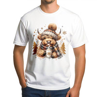 Adorable Winter Scarf Cocoa Graphic Tee, Highland Cow Christmas T-Shirt, Festive Scottish Cow Shirt, Holiday Animal Lover T-Shirt, Xmas Present