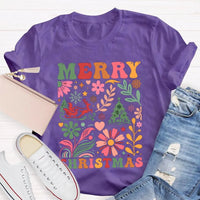 Colorful Flowers Holiday Trees Tee, Christmas Floral Tree Shirt, Botanical Xmas Graphic T-Shirt, Festive Winter Holiday Apparel