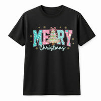 Coquette Aesthetic Pink Tree Shirt, Merry Christmas T-Shirt, Checkered Holiday Bow Tee, Adorable Festive Xmas Graphic T-Shirt for Her
