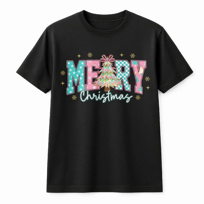 Coquette Aesthetic Pink Tree Shirt, Merry Christmas T-Shirt, Checkered Holiday Bow Tee, Adorable Festive Xmas Graphic T-Shirt for Her