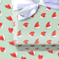 Mint Green Christmas Gift Wrap, Watercolor Santa Hat Wrapping Paper, Adorable Red Santa Hat Wrapping Paper, Secret Santa Holiday Gift Wrap Roll